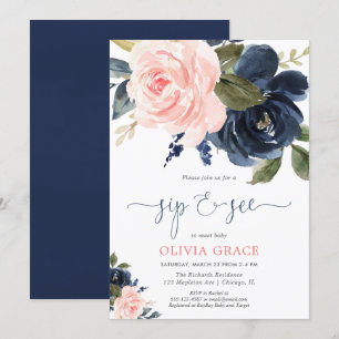 Invitation Sip et voir fille rousse rose marine bleu floral b