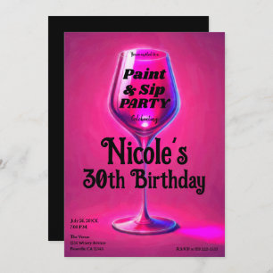 Invitation Sip & Paint Vin Rose Verre Adulte Anniversaire