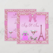 Invitation Sip & See Paris Damask Pink Poodle Baby shower (Devant / Derrière)