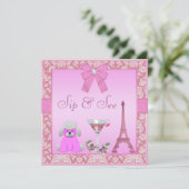 Invitation Sip & See Paris Damask Pink Poodle Baby shower (Debout devant)