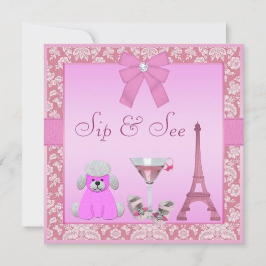 Invitation Sip & See Paris Damask Pink Poodle Baby shower (Devant)