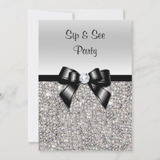 Invitation Sip & See Party Silver Sequits Black Bow (Devant)