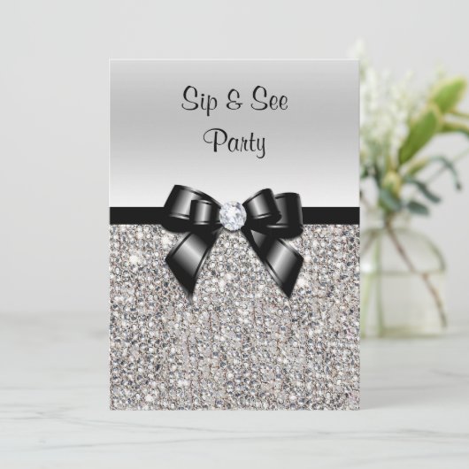Invitation Sip & See Party Silver Sequits Black Bow (Debout devant)