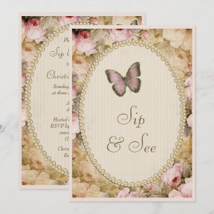 Invitation Sip & See Perles Vintage Laçage Roses Papillon