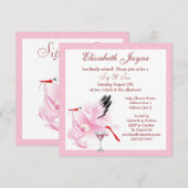 Invitation Sip & See Stork Livrant Baby shower rose bébé (Devant / Derrière)