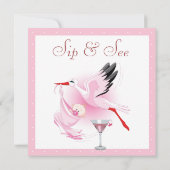 Invitation Sip & See Stork Livrant Baby shower rose bébé (Dos)