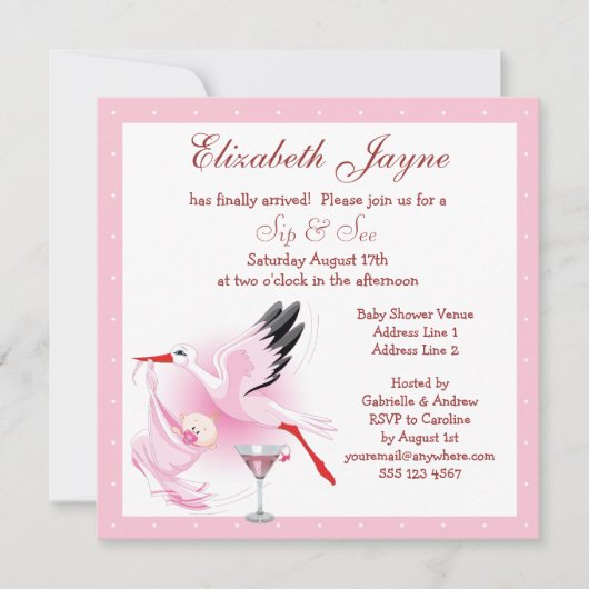 Invitation Sip & See Stork Livrant Baby shower rose bébé (Devant)