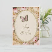 Invitation Sip & See Vintage Pearls Lace Roses Papillon (Debout devant)