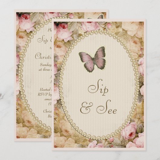 Invitation Sip & See Vintage Pearls Lace Roses Papillon (Devant / Derrière)