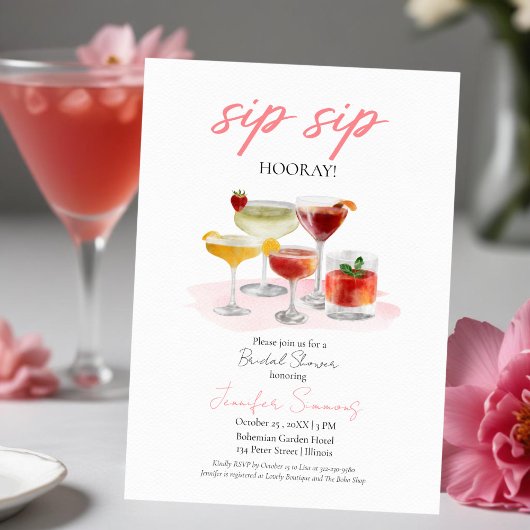 Invitation Sip Sip Hooray Aquarelle Cocktails Fête des mariée