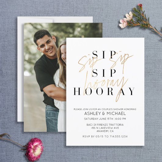Invitation Sip Sip Hooray Black Gold Photo Couple's Shower
