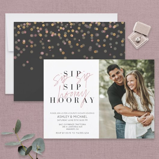 Invitation Sip Sip Hooray Black White Photo Couple's Shower