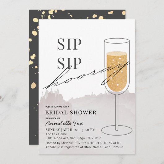 Invitation Sip Sip Hooray Gold Champagne Gris Fête des mariée (Devant / Derrière)
