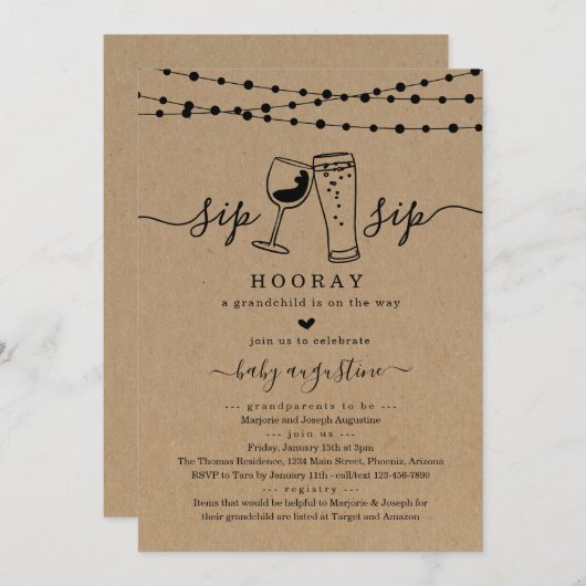Invitation Sip Sip Hooray Grand-parents Baby shower (Devant / Derrière)