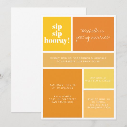 Invitation Sip Sip Hooray Jaune Orange Bridal Brunch Douche (Devant / Derrière)