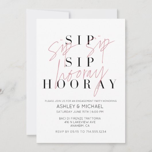 Invitation Sip Sip Hooray moderne Black White Engagement Part (Devant)
