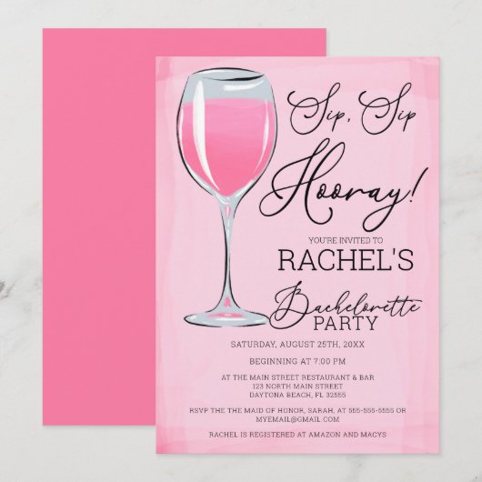 Invitation Sip Sip Hooray Pink Wine Bachelorte Party (Devant / Derrière)
