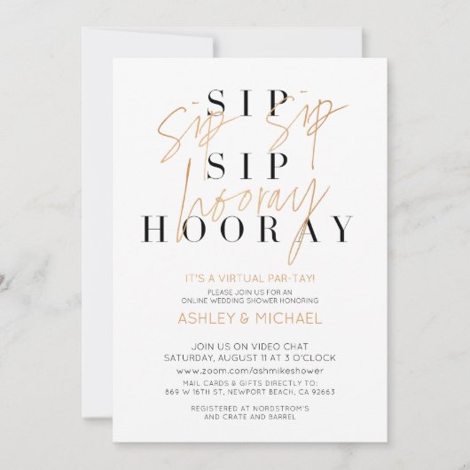 Invitation Sip Sip Hooray Simple Black Gold Virtual Douche (Devant)