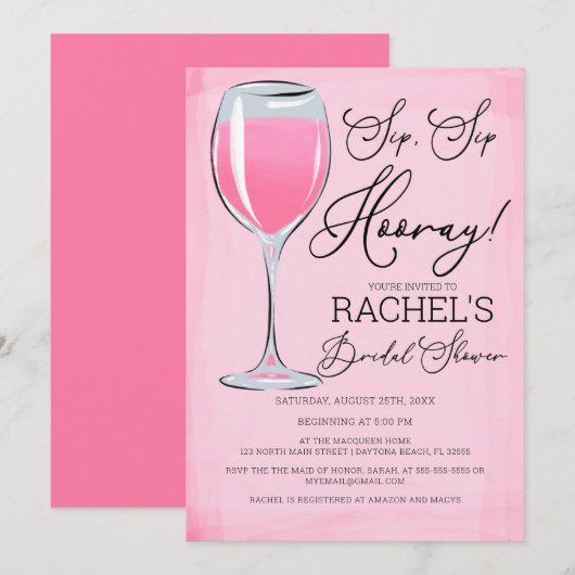 Invitation Sip Sip Hooray Vin rose Fête des mariées (Devant / Derrière)