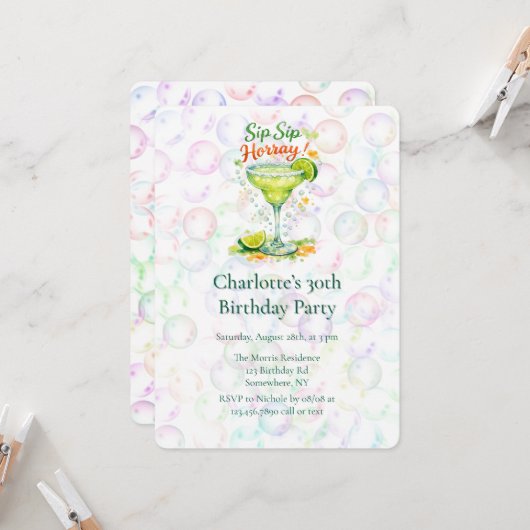 Invitation Sip Sip Sip Horray Bubbles Birthday Party (Devant/Arrière en situation)