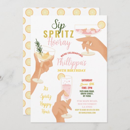 Invitation Sip Spritz Hooray Party Cocktails Boissons Anniver (Devant / Derrière)