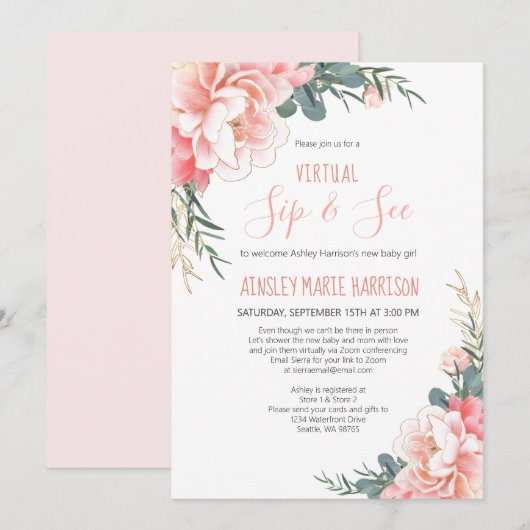 Invitation Sip virtuel et voir Blush Pink Gold Baby shower (Devant / Derrière)