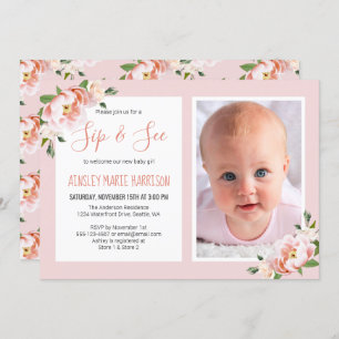 Invitation Sip & Voir Baby Girl Photo Blush Floral Baby showe