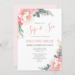 Invitation Sip & Voir Blush Pink Gold Floral Girl Baby shower