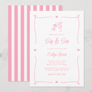 Invitation Sip & Voir Bouteille Champagne Whimsical Rose Girl