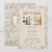 Invitation Sip & Voir Bouteilles en dentelle Burlap Pink Girl (Devant / Derrière)