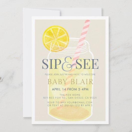 Invitation Sip & Voir Lemonade Mason Jar Baby shower beige (Devant)