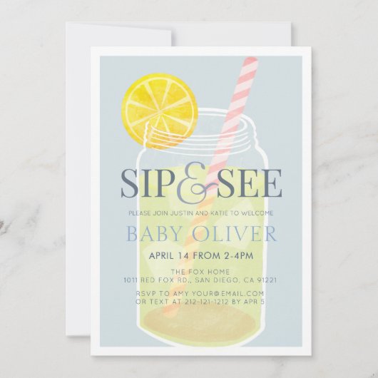 Invitation Sip & Voir Lemonade Mason Jar Baby shower bleu (Devant)