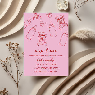 Invitation Sip & Voir main illustrée rose rouge