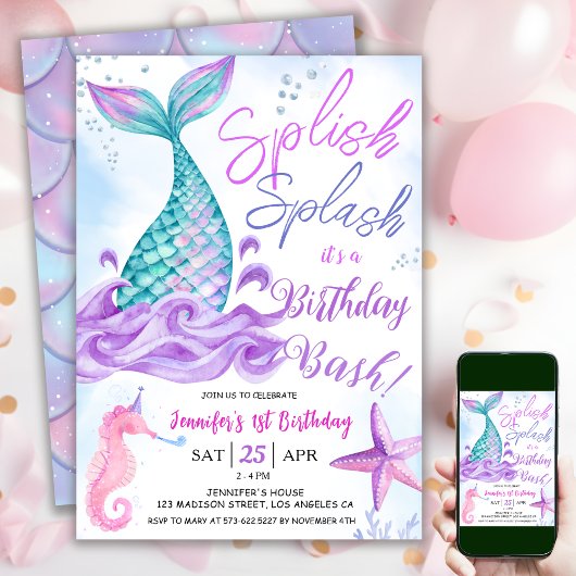 Invitation Sirène 1er anniversaire "Splish Splash" rose viole