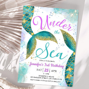 Invitation Sirène 3e anniversaire fille rose turquoise sous l