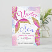 Invitation Sirène 4e anniversaire fête Fille rose sous la mer (Debout devant)