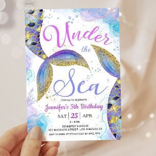 Invitation Sirène 5e anniversaire fille rose or sous la mer