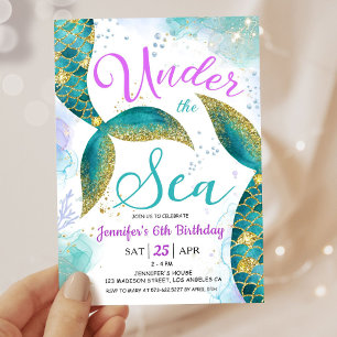 Invitation Sirène 6e anniversaire fille rose Turquoise sous l