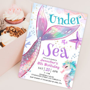 Invitation Sirène 8ème Anniversaire Sous La Mer Rose Violet