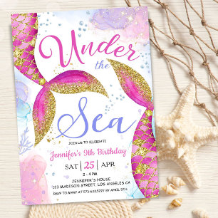 Invitation Sirène 9e anniversaire fille rose sous la mer
