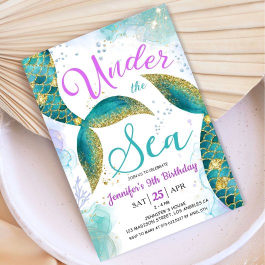 Invitation Sirène 9e anniversaire violet Turquoise sous la me
