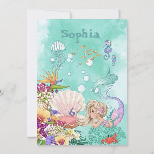 Invitation Sirène Âge Vert mignon Sous La Mer Anniversaire (Dos)