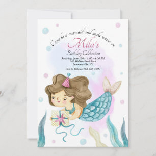 Invitation Sirène apportant un cadeau pour une fête d'anniver