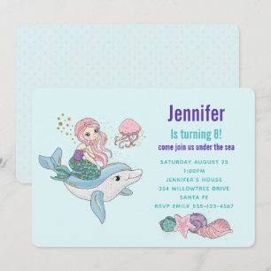 Invitation Sirène chevauchant un dauphin sous la mer pour un 