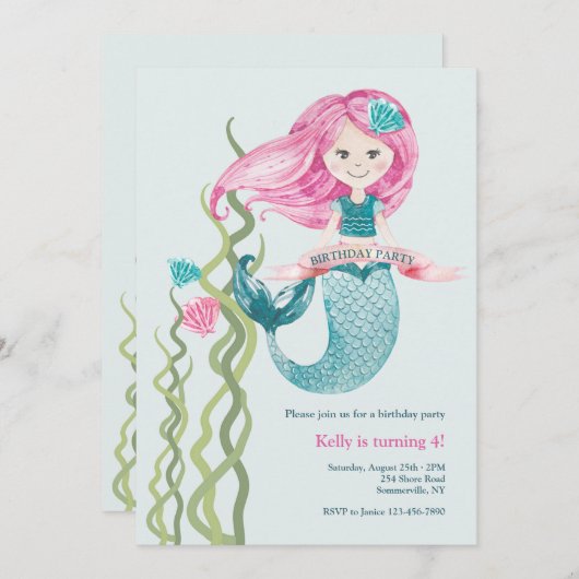 Invitation Sirène d'anniversaire (Devant / Derrière)