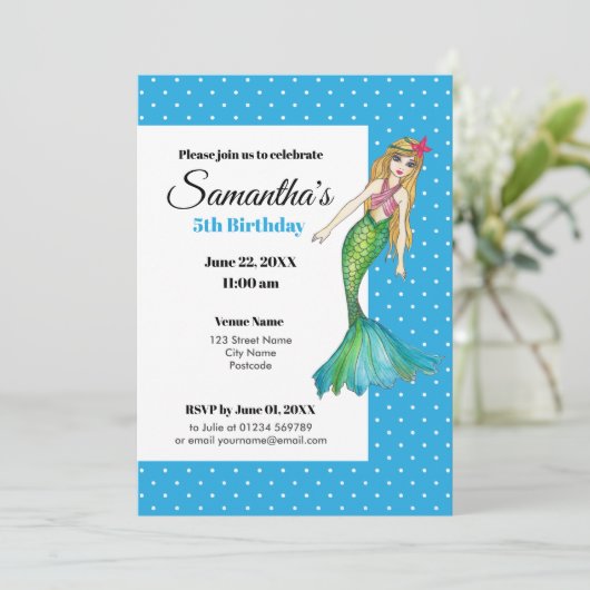 Invitation Sirène d'aquarelle avec cheveux longs (Debout devant)