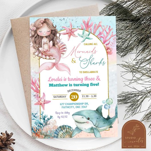 Invitation Sirène de mer rose et fille d'anniversaire conjoin