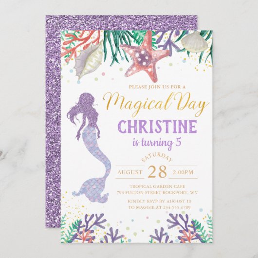 Invitation Sirène De Parties scintillant Pourpre Sous La Mer  (Devant / Derrière)
