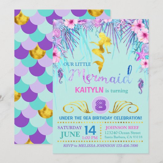 Invitation Sirène d'étincelle sous l'anniversaire de mer (Devant / Derrière)