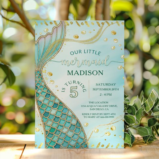 Invitation Sirène D'Or Sous La Fête D'Anniversaire De Fille D